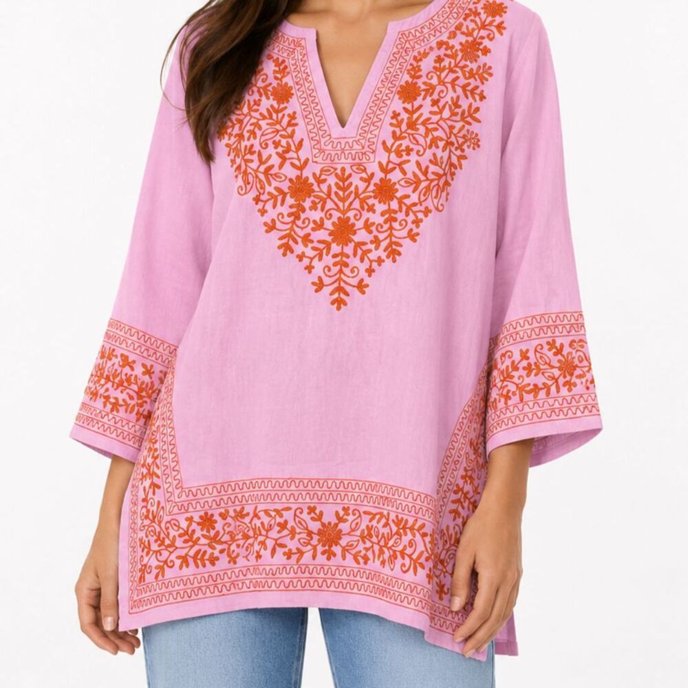 Gretchen Scott Designs Pink and Orange Embroidered Tunic - Size M